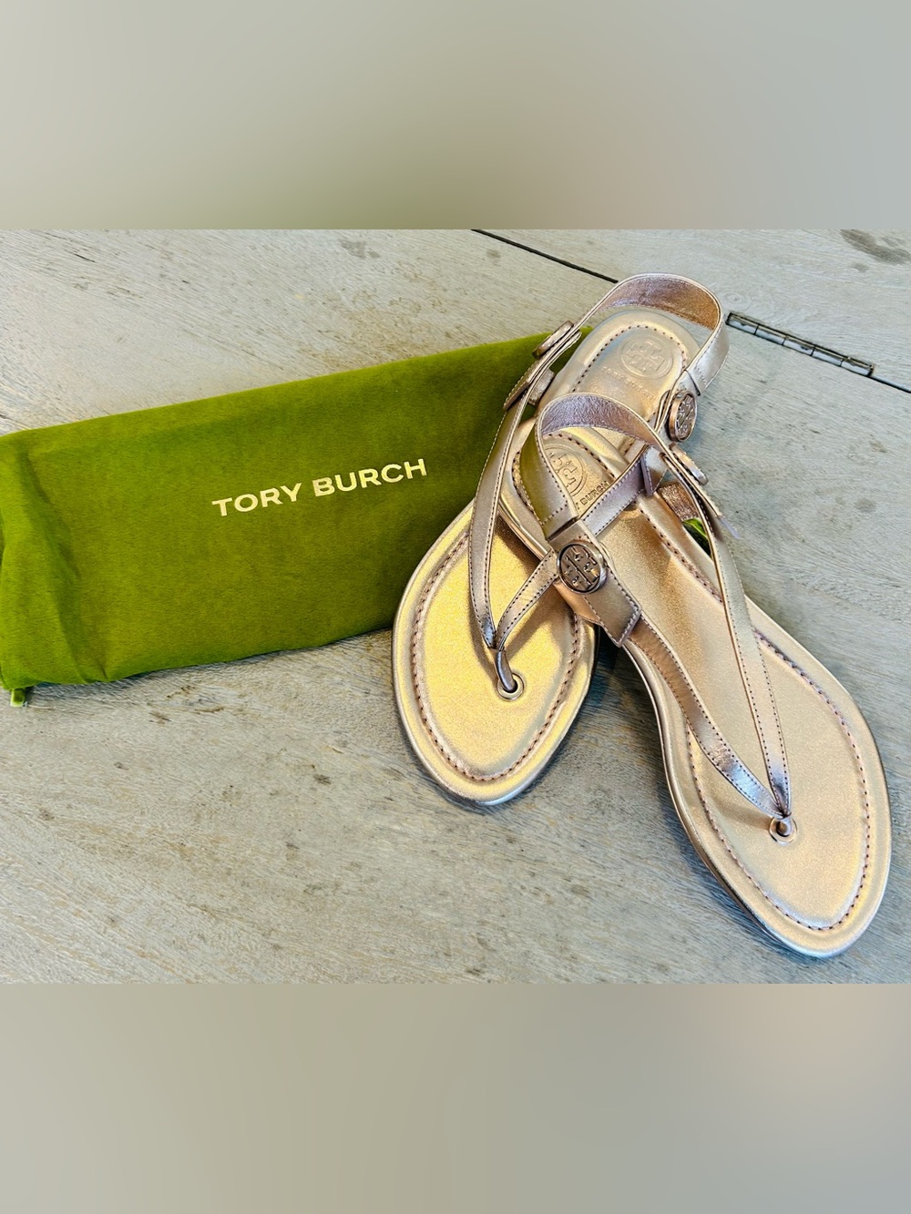Tory Burch Metallic Rose Gold Logo Thong Sandals with Buckle Accent